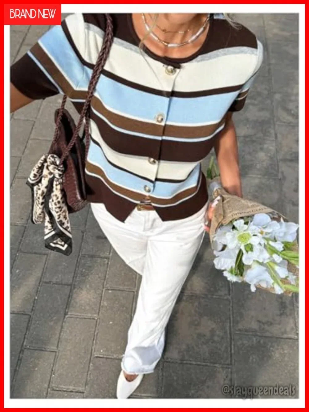 Striped Short Sleeve Crewneck Cardigan Knit Top